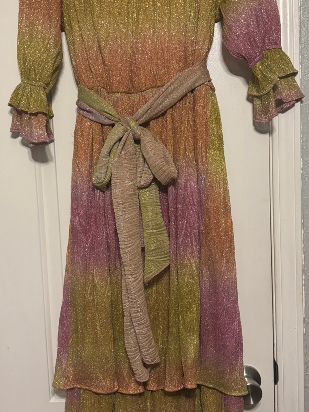 Metallic Ombre Tiered Maxi Dress with Belt - Multicolor